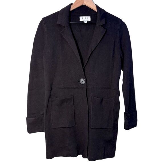 Elle Knit Blazer One Button Cardigan Women's XS Black Pockets. - Picture 1 of 8